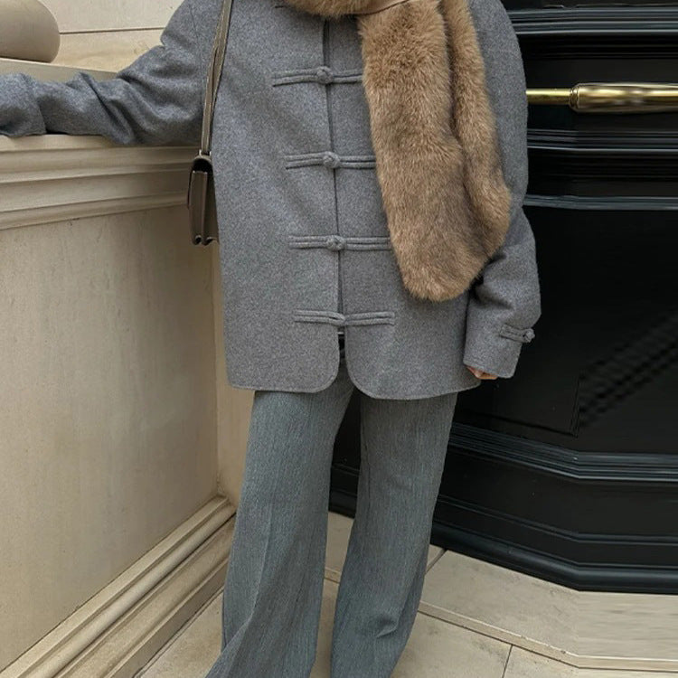 Women's Oversize Wool Blend Jacket with Mandarin Collar and Toggle Closures Fashion Glam