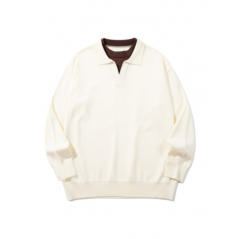 Unisex Oversize fine knit pullover with open Henley neckline and contrasting inner collar Fashion Glam