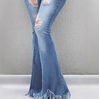 Women High-Waist Flared-Jeans with sculpting cut, destroyed knee parts and frayed ruffle hem Fashion Glam