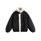Women's short-cut bomber jacket in lambskin look with high stand-up collar and faux fur trim Fashion Glam