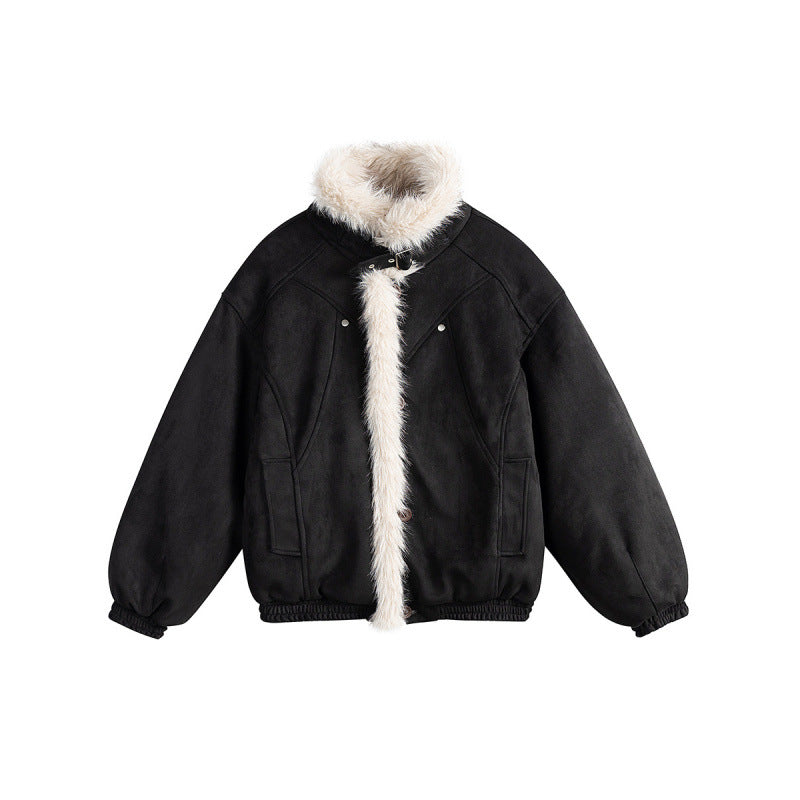 Women's short-cut bomber jacket in lambskin look with high stand-up collar and faux fur trim Fashion Glam