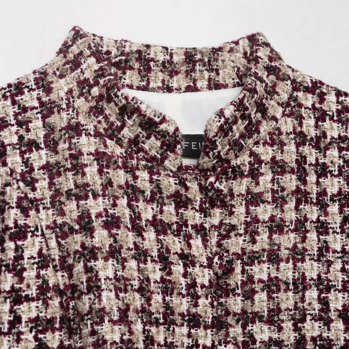 Women Boucle-Tweed Jacket with Stand-up Collar and Faux Fur Cuffs Fashion Glam