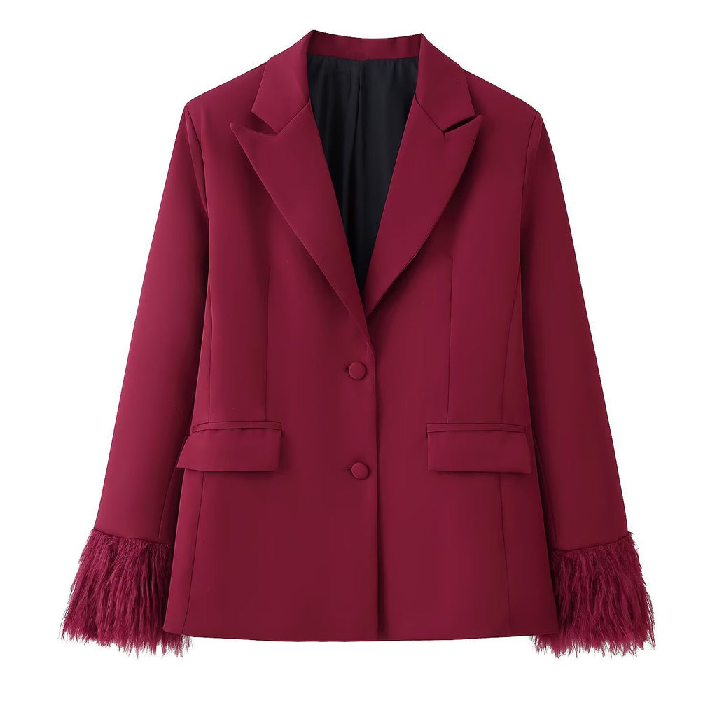 Women Elegant Two-Piece Blazer and Wide Leg Trousers Ensemble with Feather Trim on Sleeves Fashion Glam
