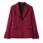 Women Elegant Two-Piece Blazer and Wide Leg Trousers Ensemble with Feather Trim on Sleeves Fashion Glam