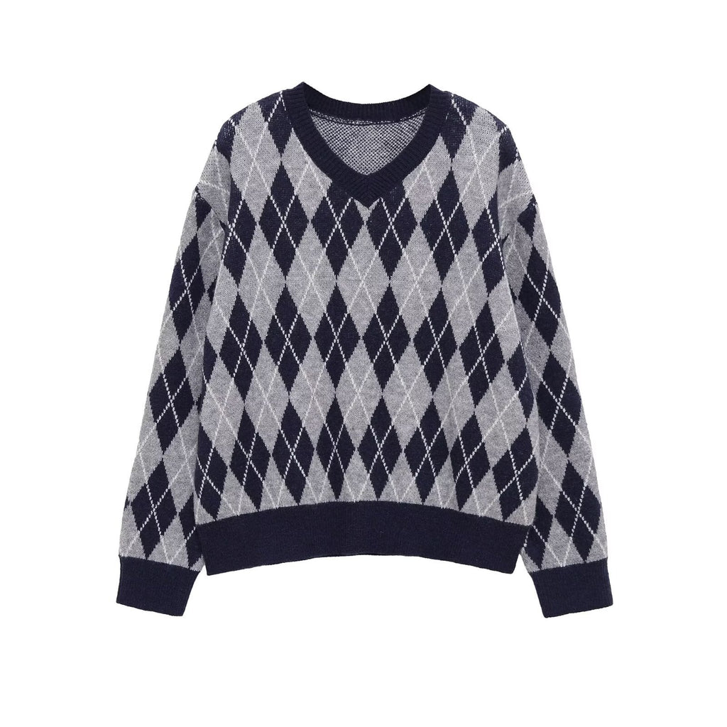 Women's Argyle V-Neck Knitted Sweater with Diamond Pattern Fashion Glam