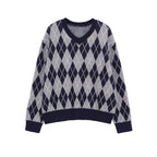 Women's Argyle V-Neck Knitted Sweater with Diamond Pattern Fashion Glam