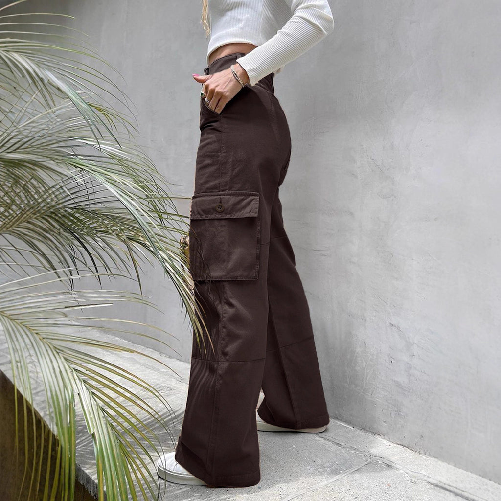 Women's High-Waist Utility Cargo Pants with Wide Leg and Knee Panels Fashion Glam