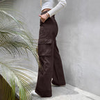 Women's High-Waist Utility Cargo Pants with Wide Leg and Knee Panels Fashion Glam