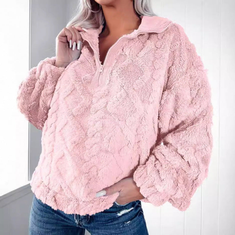 Ladies plush sweater in teddy look with half zipper and structured diamond pattern Fashion Glam