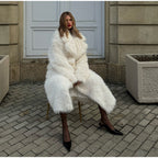 Ladies Extravagant High-Pile Faux Fur Coat with Oversized Silhouette and Deep Shawl Collar Fashion Glam