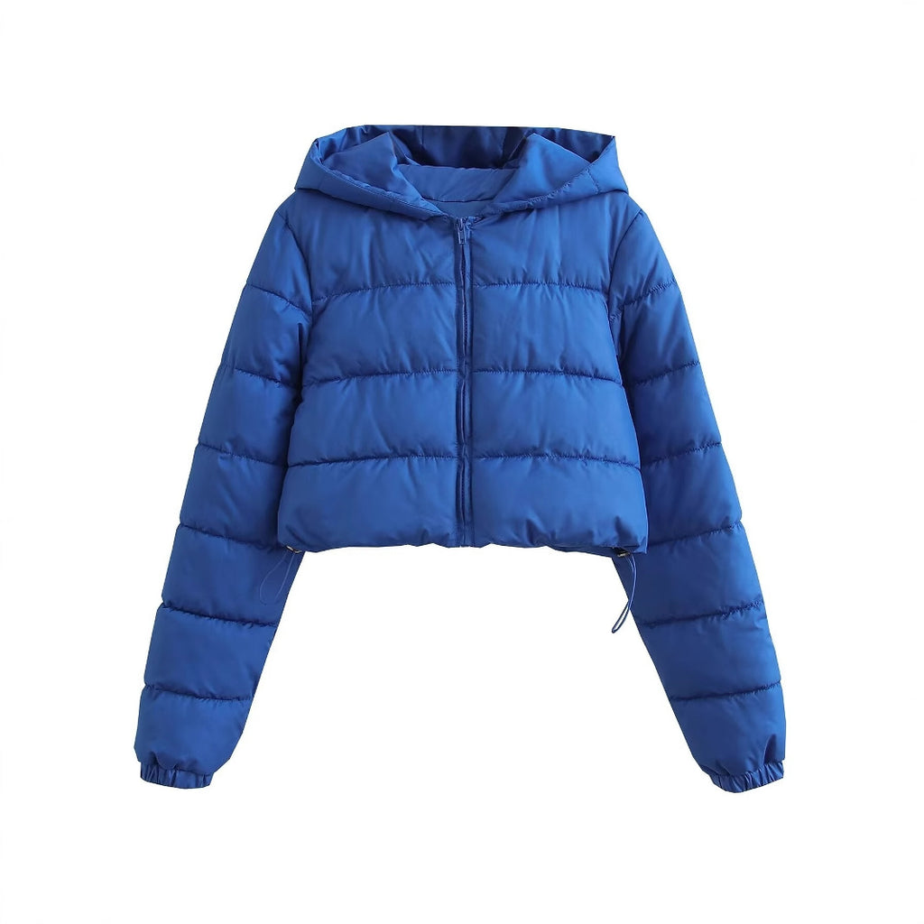 Women Short Quilted Hooded Puffer Jacket with Drawstring and Zipper Fashion Glam