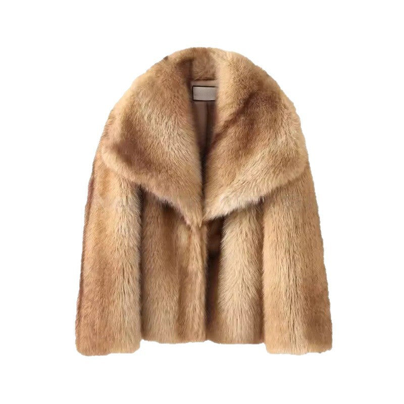 Women's Short Plush Faux Fur Jacket with Wide Shawl Collar and Straight Cut Fashion Glam