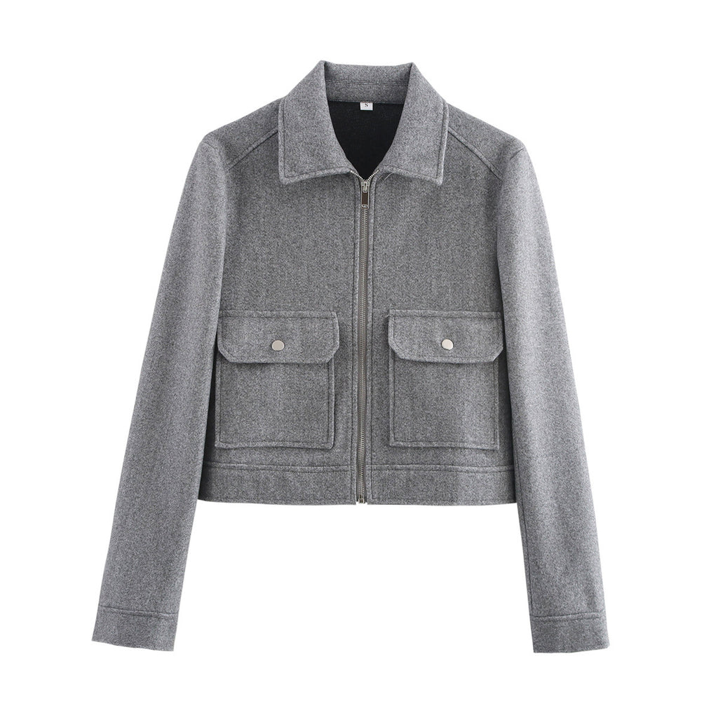 Women's short boxy wool jacket with full zip and patch pockets Fashion Glam