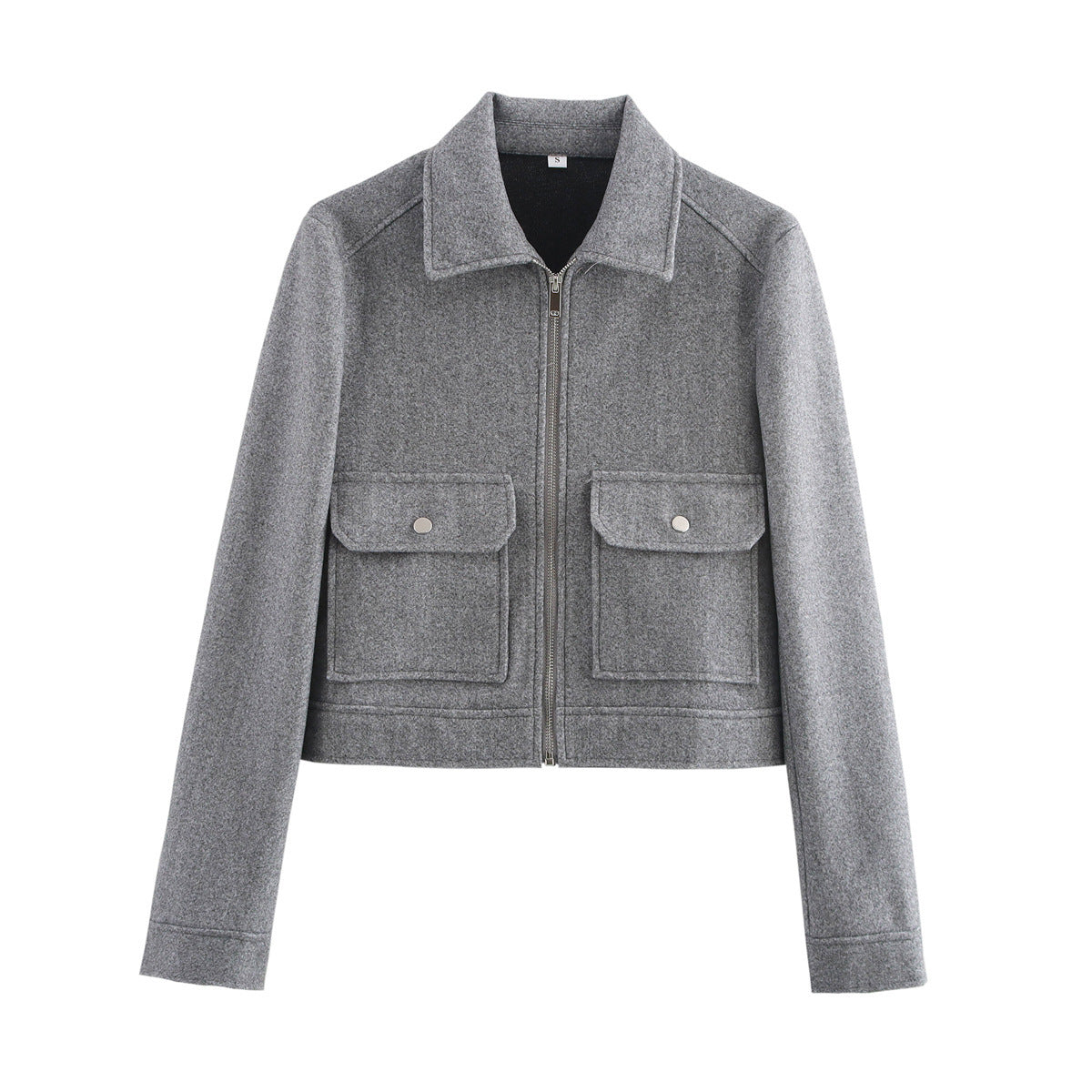 Women's short boxy wool jacket with full zip and patch pockets Fashion Glam