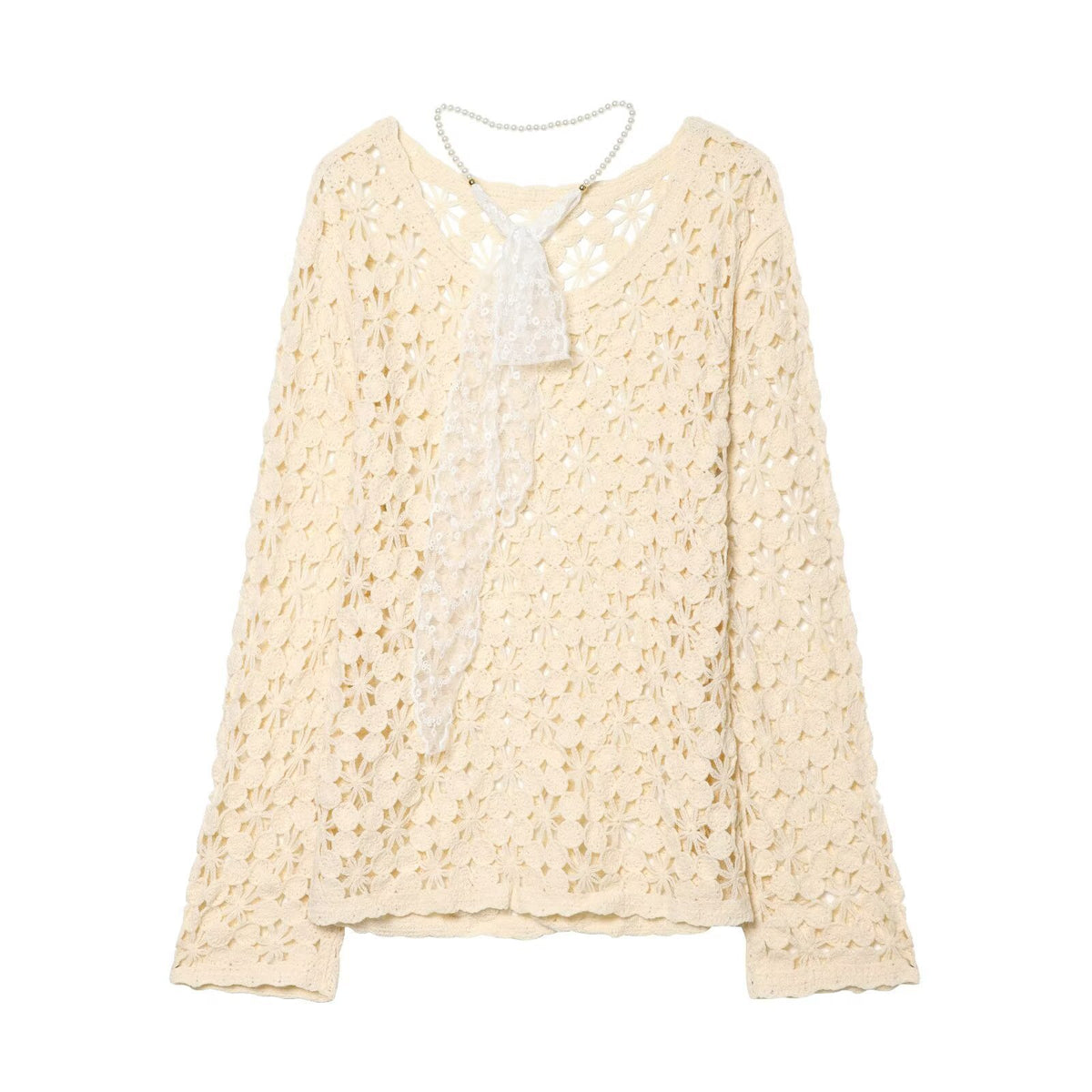 Women crocheted floral sweater with round neckline and lace pattern Fashion Glam