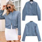 Women's Short Blazer Made of Boucle Tweed with Sequins and Flap Pockets Fashion Glam