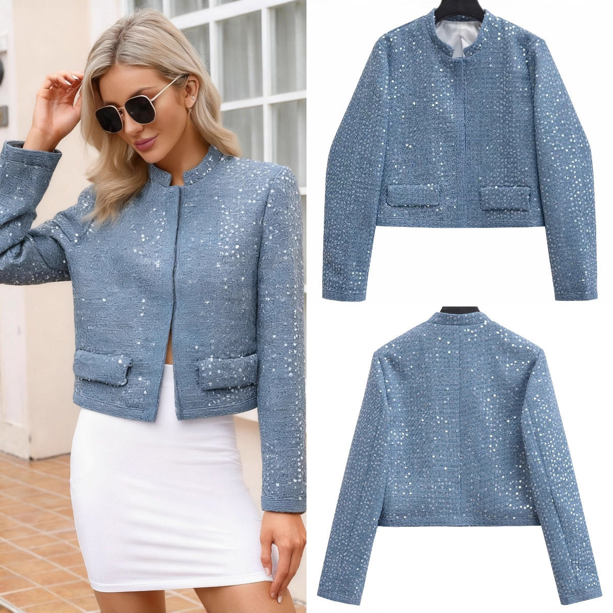Women's Short Blazer Made of Boucle Tweed with Sequins and Flap Pockets Fashion Glam