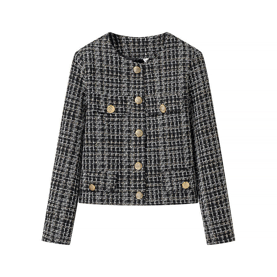 Women Tailored Short Jacket made of Boucle Tweed with Golden Decorative Buttons Fashion Glam