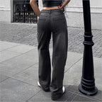 Ladies Wide High-Waist Denim Pants with Straight Leg and Vintage Stitching Fashion Glam
