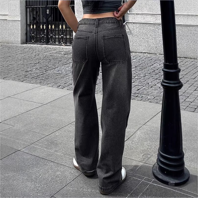 Ladies Wide High-Waist Denim Pants with Straight Leg and Vintage Stitching Fashion Glam