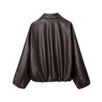 Women's short-cut oversized blouse jacket made of vegan leather with shirt collar and elastic hem Fashion Glam