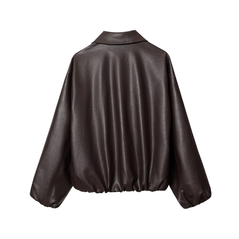 Women's short-cut oversized blouse jacket made of vegan leather with shirt collar and elastic hem Fashion Glam