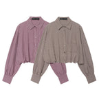 Ladies Short-Cut Checked Blouse with Balloon Sleeves, Elastic Hem and Breast Pocket Fashion Glam