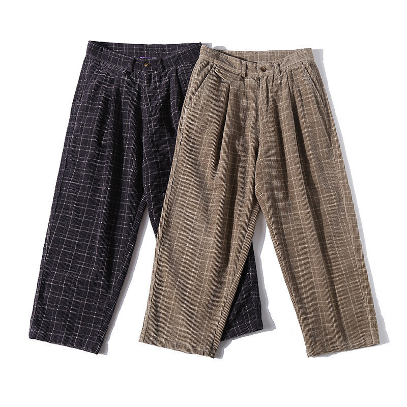Men's Wide Cord Pants with Pleats, Cropped Cut and Check Pattern Fashion Glam