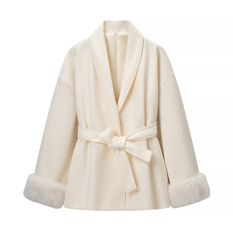 Women's Oversized Wrap Coat with Shawl Collar and Fur Trim on the Sleeves Fashion Glam