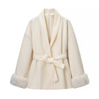 Women's Oversized Wrap Coat with Shawl Collar and Fur Trim on the Sleeves Fashion Glam
