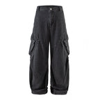 Unisex Wide Cargo Jeans with High Waist, Panel Seams and Flap Pockets Fashion Glam