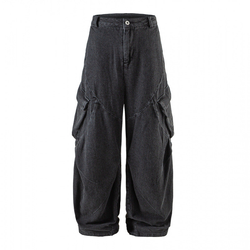 Unisex Wide Cargo Jeans with High Waist, Panel Seams and Flap Pockets Fashion Glam