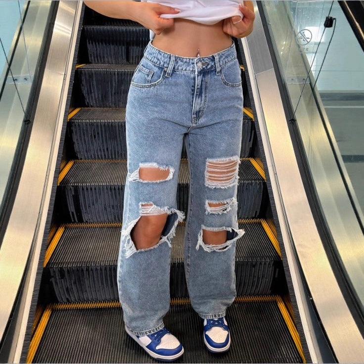 Women's High-Waist Baggy Jeans with large knee rips and straight leg Fashion Glam