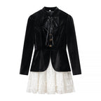 Women's dress in two-piece look with velvet blazer top, bow collar, and tiered lace skirt Fashion Glam