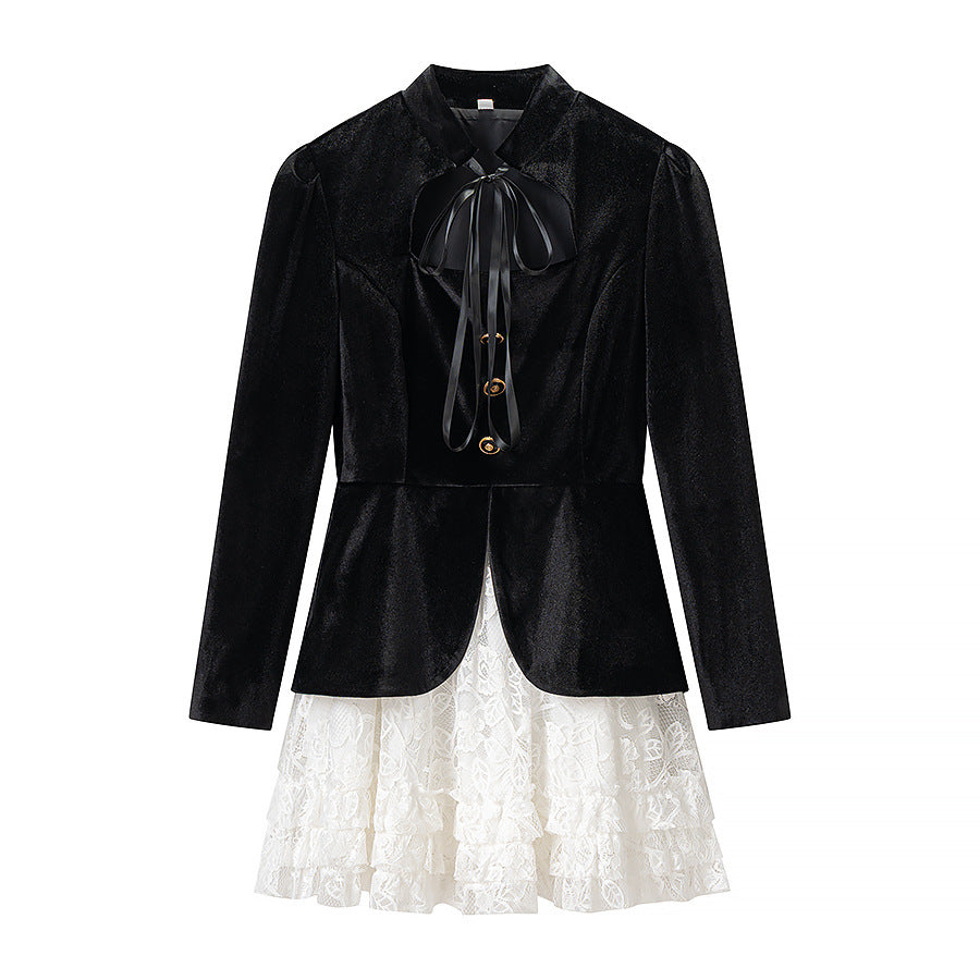 Women's dress in two-piece look with velvet blazer top, bow collar, and tiered lace skirt Fashion Glam