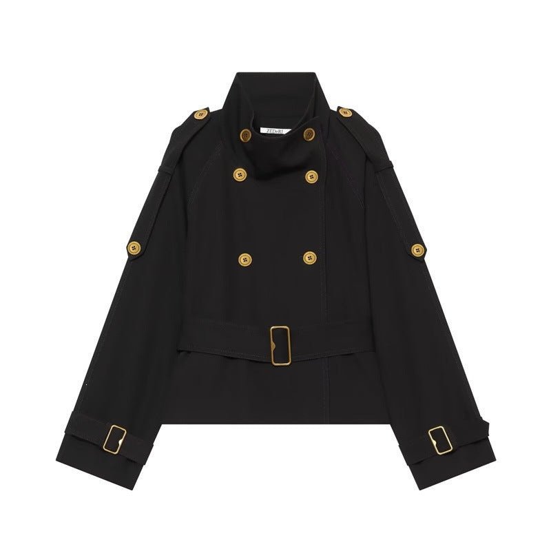 Women's Short Double-Breasted Trench Coat with Waistbelt, Epaulettes and Gold-Colored Details Fashion Glam