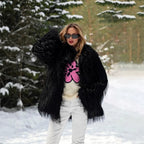 Women's Short Faux Fur Coat with Voluminous Shawl Collar and High Pile Look Fashion Glam