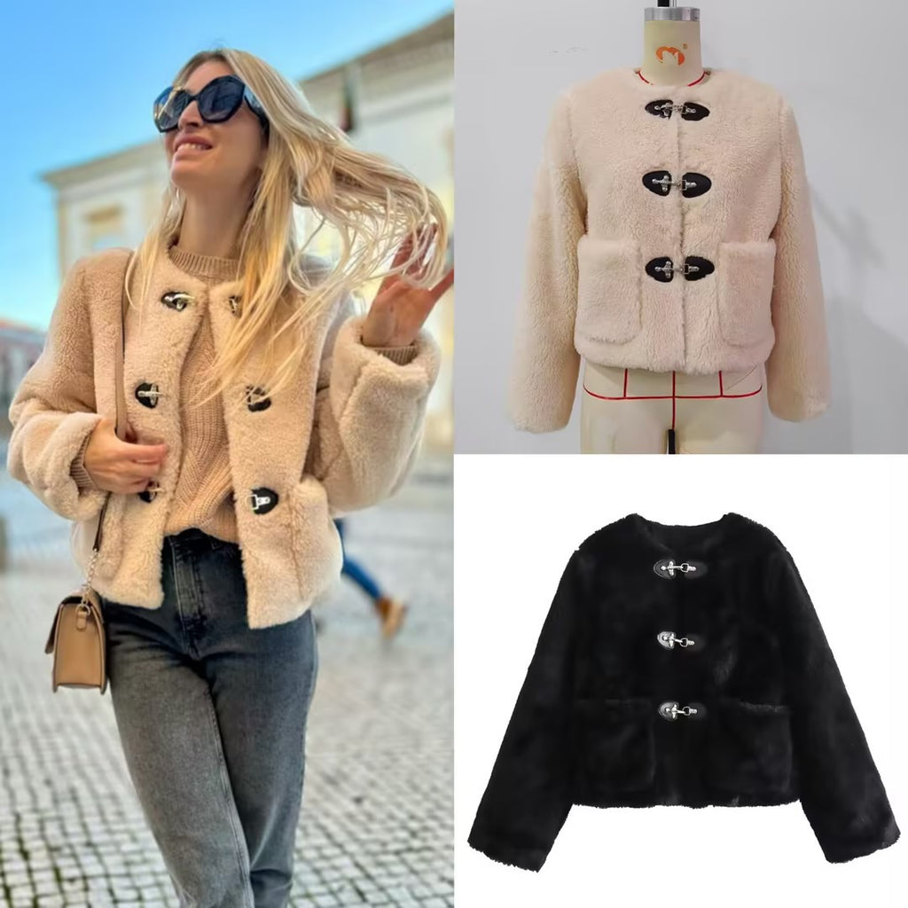 Women's Short Teddy Jacket Made of Faux Fur with Toggle Closures and Patch Pockets Fashion Glam