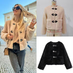 Women's Short Teddy Jacket Made of Faux Fur with Toggle Closures and Patch Pockets Fashion Glam
