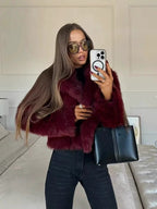 Women's Short Teddy Faux Fur Cropped Blouson with Internal Button Placket and Soft Sleeve Cuffs Fashion Glam