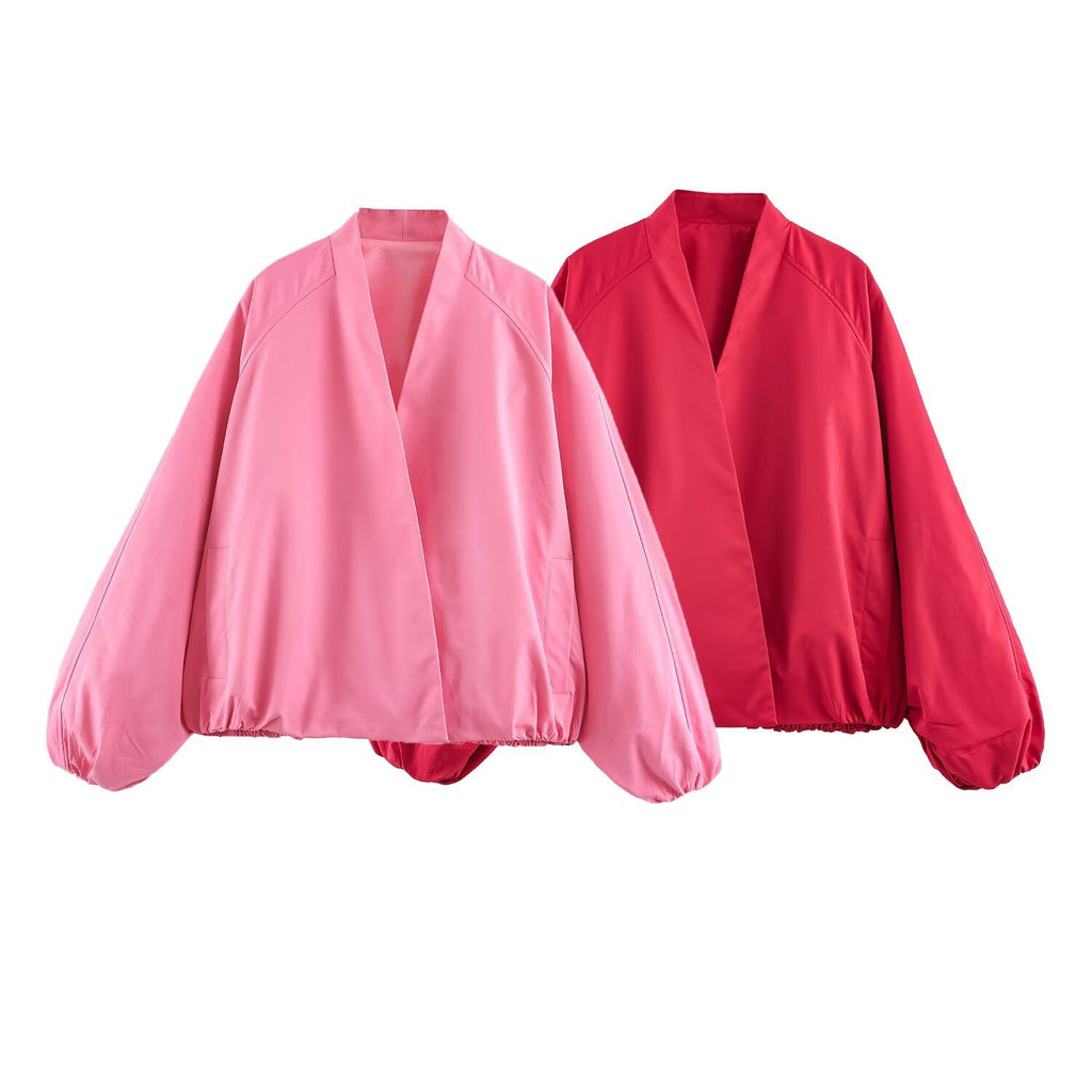 Women's Oversized Bomber Jacket with Kimono Sleeves and Elastic Hem Fashion Glam