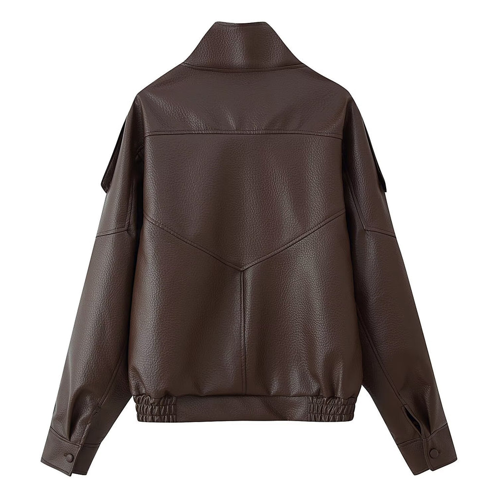 Women's Oversized Faux Leather Jacket with Shirt Collar and Elastic Hem Fashion Glam