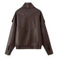 Women's Oversized Faux Leather Jacket with Shirt Collar and Elastic Hem Fashion Glam