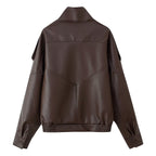 Women's Oversized Faux Leather Jacket with Shirt Collar and Elastic Hem Fashion Glam