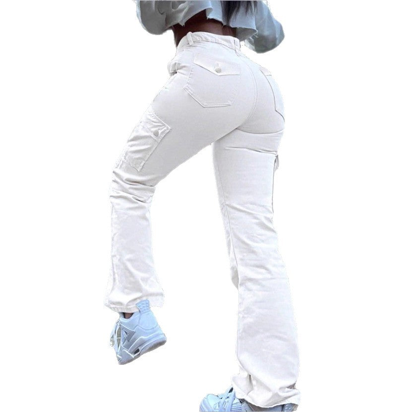 Women’s high-waisted cargo jeans with flared hem and functional flap pockets Fashion Glam