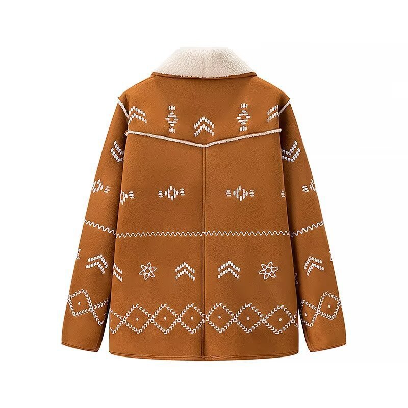 Women's Embroidered Fleece-Lined Shirt Jacket with Shawl Collar and Patch Pockets Fashion Glam
