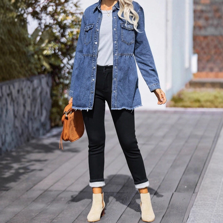 Women's tailored longline denim jacket with gathered waist, snap-button placket & frayed hem Fashion Glam