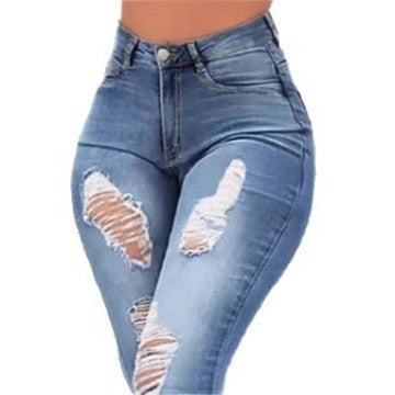 Women High-Waist Flared-Jeans with sculpting cut, destroyed knee parts and frayed ruffle hem Fashion Glam