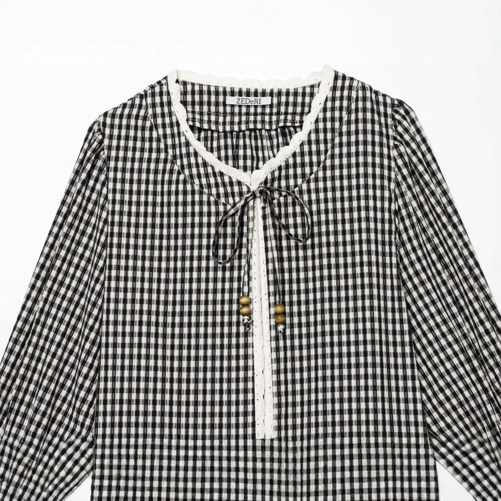 Ladies Vichy Check Blouse with Lace Trim, Tie Band and Three-Quarter Balloon Sleeves Fashion Glam