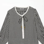 Ladies Vichy Check Blouse with Lace Trim, Tie Band and Three-Quarter Balloon Sleeves Fashion Glam